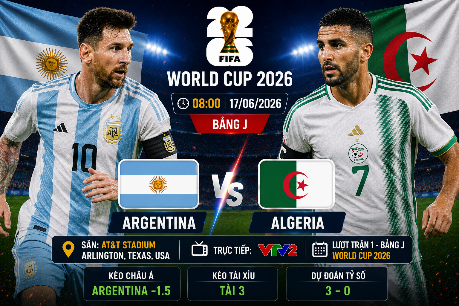 Soi Kèo Argentina vs Algeria, 8h Ngày 17/6 Bảng J World Cup 2026